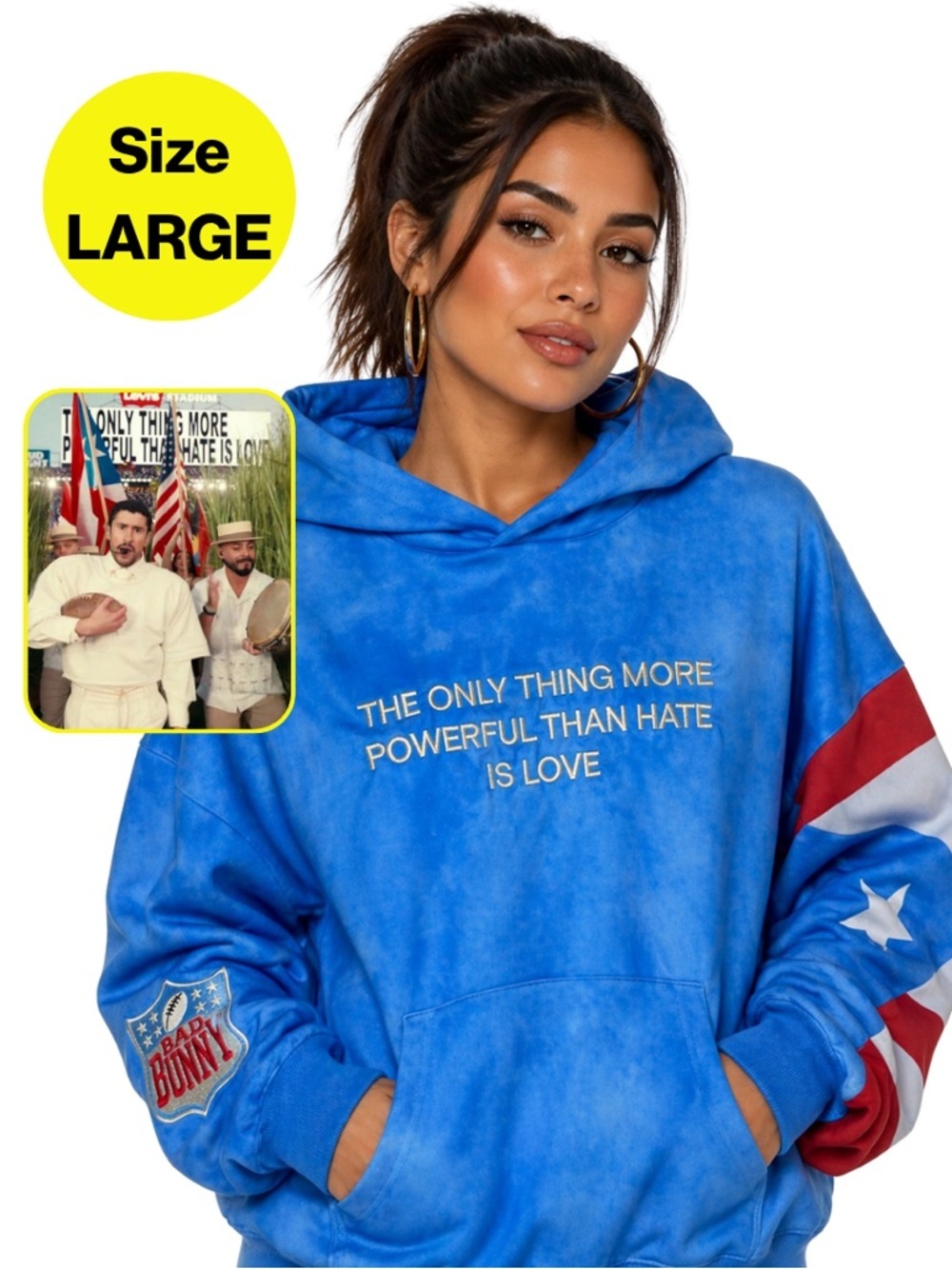 BAD BUNNY Inspired Unisex Hoodie, Inspired Message, Puerto Rico (Size Large)